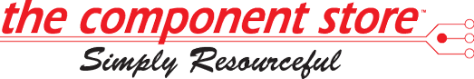 the component store logo in Eyehawk font, skewed, red lettering, with black brush script underneath reading: 'Simply Resourceful'